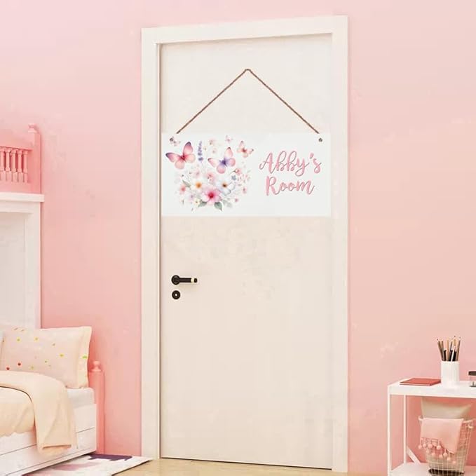 Personalized Sign - Sweet Flowers and Butterfly Door Sign & Wall Art - Nice Sign for Nursery Decor, Kids' Room Decor, Door Signs, Wall Hangers For Girls Bedroom