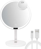 9.65-inch Lighting Makeup Mirror, 1x / 10x,Touch Control,3-Color Adjustable,Metal Stand,up and Down Adjustable Makeup Mirror, High Color Rendering, Eye-Protecting Light Source,Silver
