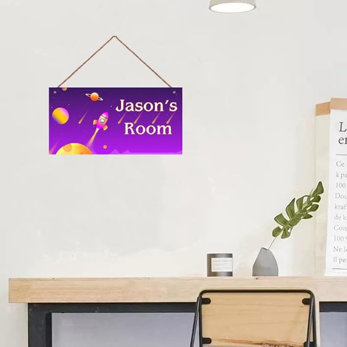 Personalized Sign Outer Space Theme Wall Art Decor For Kids Room Custom Name Universe Star Door Décor For Little Man Cave, Rocket Nursery Art Plate For Boys Room Girls Bedroom