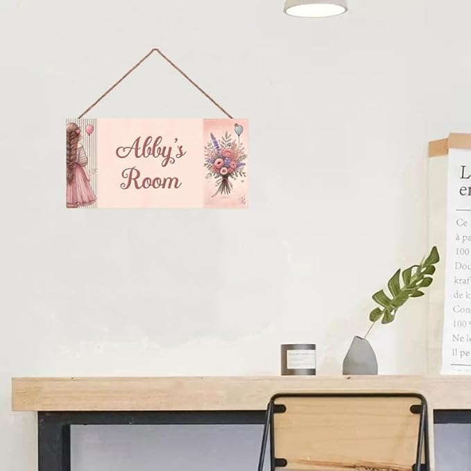 Personalized Name Sign Girl and Flowers Decor For Girls Room Baby Nursery Kids Bedroom Wood Plaque Hanging Wall Art Decor For Boys Room