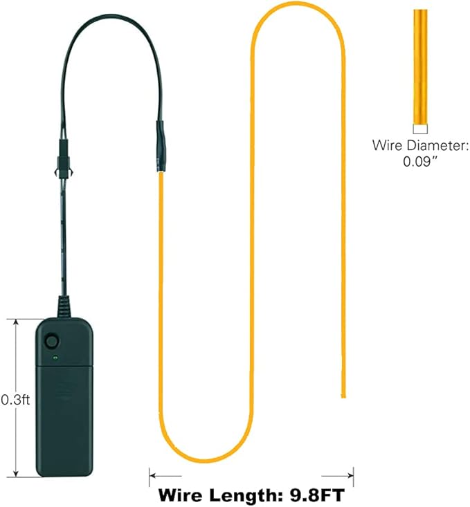 MaxLax EL Wire Yellow, 9.8ft/3m Portable Battery Pack Neon Light Strip 360° Cuttable Glowing Rope Lights for Parties, Halloween, DIY Decoration