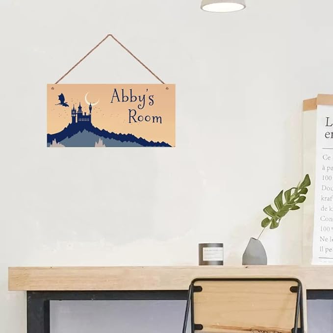 Personalized Castle and Flying Dragon Sign Wall Art Decor For Kids Room Custom Name Rerto Door Décor For Little Man Cave Girls Bedroom Home Kitchen Garden Yard