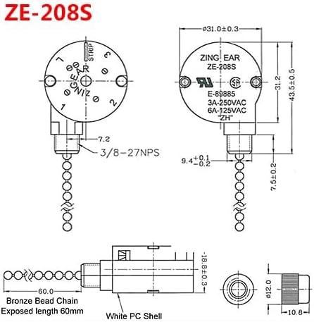 2PS Ceiling Fan Switch Zing Ear ZE-208s E89885 3 Speed 4 Wire Pull Chain Switch Fan Light Switches Replacement Part with 4 Pre-Installed Wires(Bronze Chain)