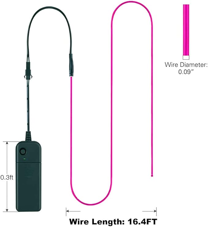 MaxLax EL Wire Pink, 16.4ft/5m Portable Battery Pack Neon Light Strip 360° Cuttable Glowing Rope Lights for Parties, Halloween, DIY Decoration