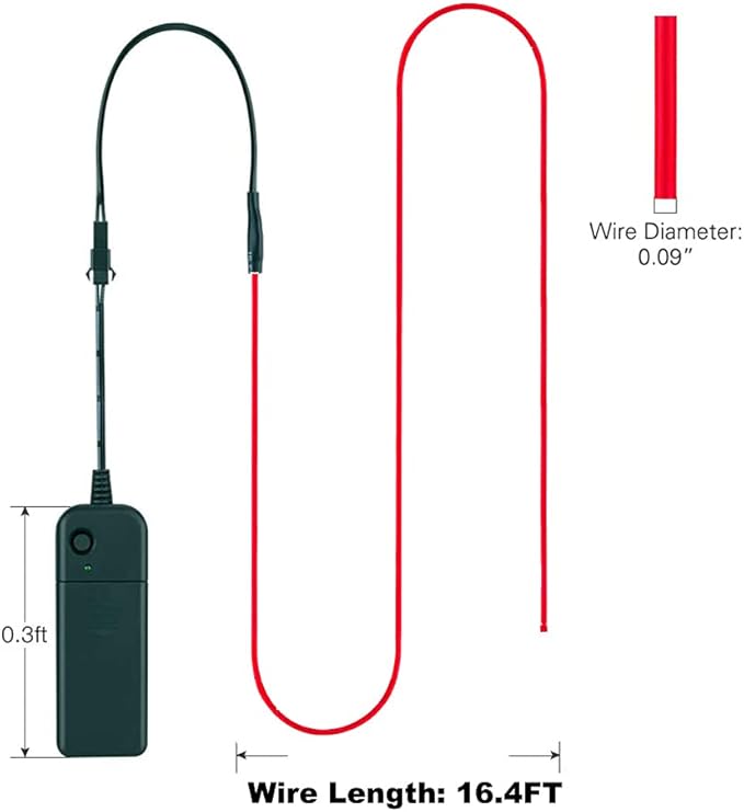 MaxLax EL Wire Red, 16.4ft/5m Portable Battery Pack Neon Light Strip 360° Cuttable Glowing Rope Lights for Parties, Halloween, DIY Decoration