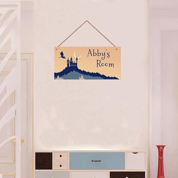 Personalized Castle and Flying Dragon Sign Wall Art Decor For Kids Room Custom Name Rerto Door Décor For Little Man Cave Girls Bedroom Home Kitchen Garden Yard