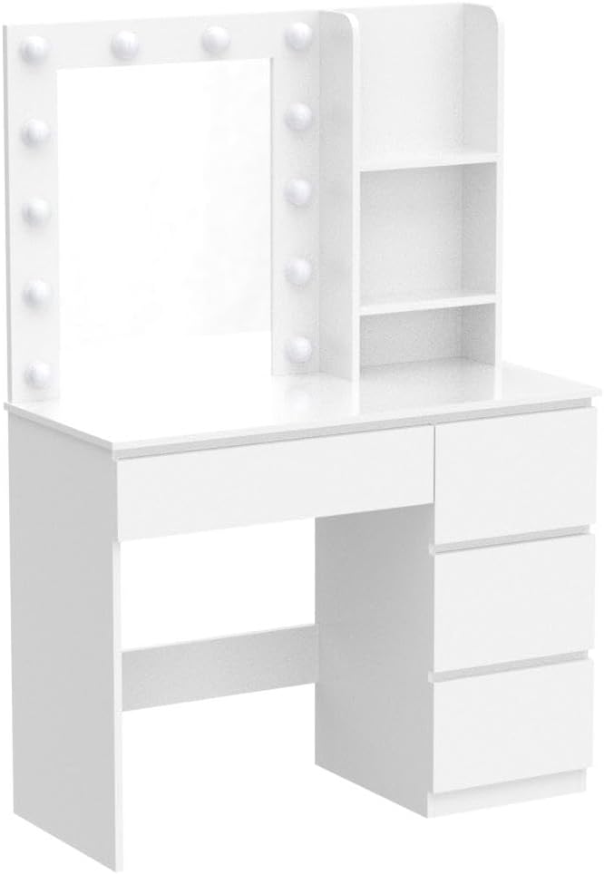 Vabches Makeup Vanity with Lights, 37inch Vanity Desk, 4 Large Drawers Dresser with Lighted Mirror, 3 Lighting Modes Brightness Adjustable, White