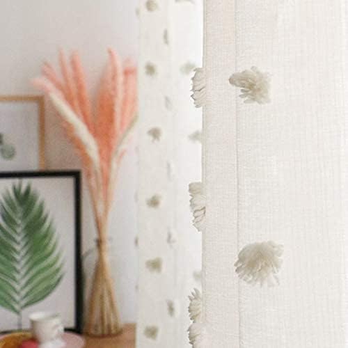 MYSKY HOME Beige Sheer Short Curtains with Pom Pom for Small Windows Bedroom Nursery Kids Girls Room Curtains Cafe Kitchen Light Filtering Boho Drapes, Rod Pocket,52 x 54 Inches, 2 Panels