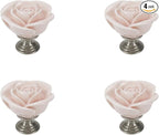 4pcs Light Pink Rose Flower Ceramic Knobs for Cabinet Drawer Door Pull Handles Dresser