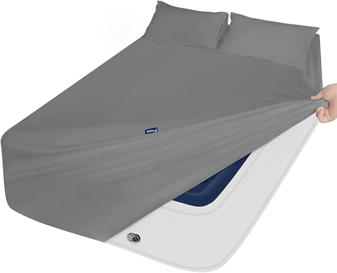 Deep Pocket Twin Sheets Set for Kids Air Mattress - Extra Deep Pocket Twin Sheet Sets - 3Pcs Side Storage Pocket Fitted Sheet & Pillowcases Easily Fits 16in to 24in Pillow Top Bed Mattress(Grey)