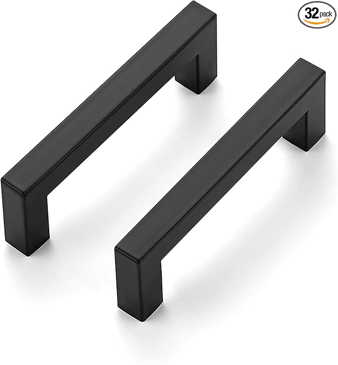 Ravinte 32 Pack 3-3/4 Inch Kitchen Square Cabinet Handles Matte Black Pulls Black Drawer Pulls Kitchen Cabinet Hardware Handles