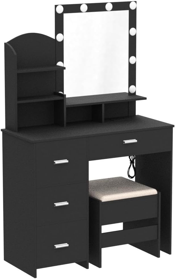 Quimoo Makeup Vanity with 10 Light Bulbs and Charging Station, Vanity Desk with Lighted Mirror & 4 Drawers, Vanity Table Set with Cushioned Stool,Black