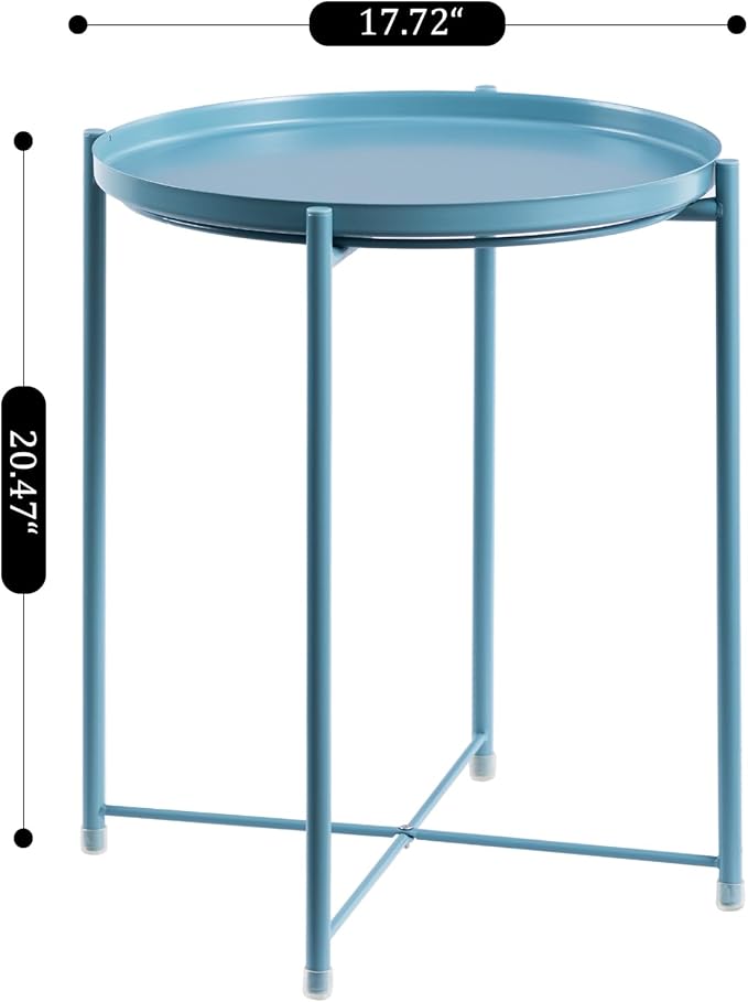 HollyHOME Round Metal Side Table, Outdoor Small Folding Accent Stand with Removable Tray, 17.72'' Portable End Table for Balconies, Gardens, Living Rooms and Bedrooms, Blue
