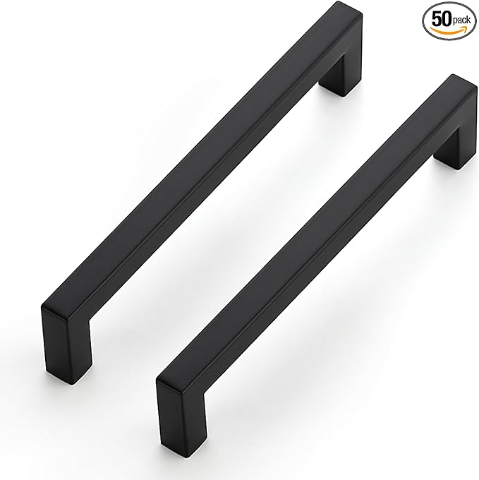 JOY DECOR 50 Pack Cabinet Handles, Black Cabinet Pulls, 6-1/4 Inch Kitchen Closet Handles Square Drawer Pulls Stainless Steel Drawer Hardware, 160mm Hole Centers