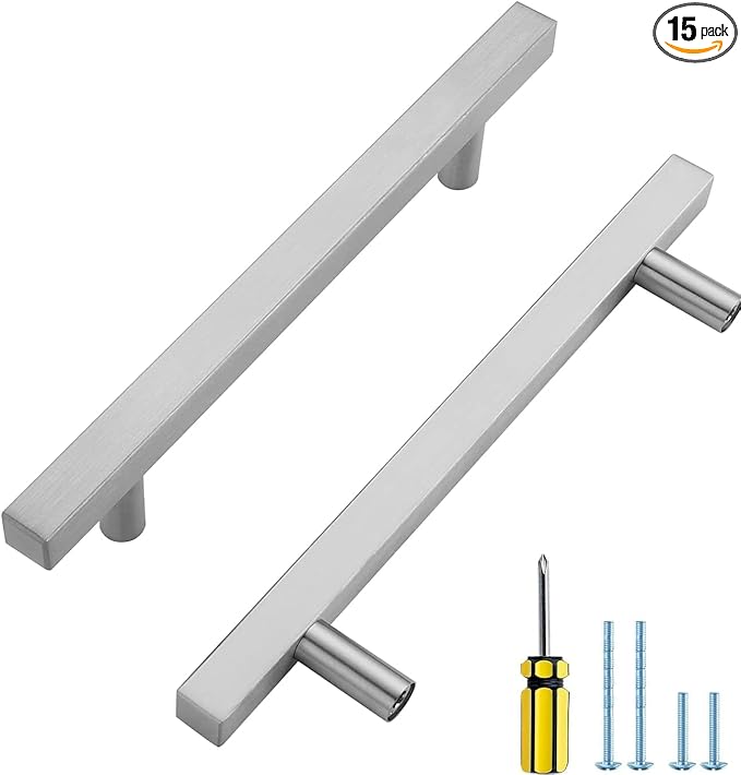 Ravinte Brushed Nickel Cabinet Handles 15 Pack 5 inch Satin Nickel Square Cabinet Pulls Silver Hardware for Kitchen Cabinets Modern Cabinet Pulls 7-3/8 inch Overall Length Stainless Steel Drawer Pulls