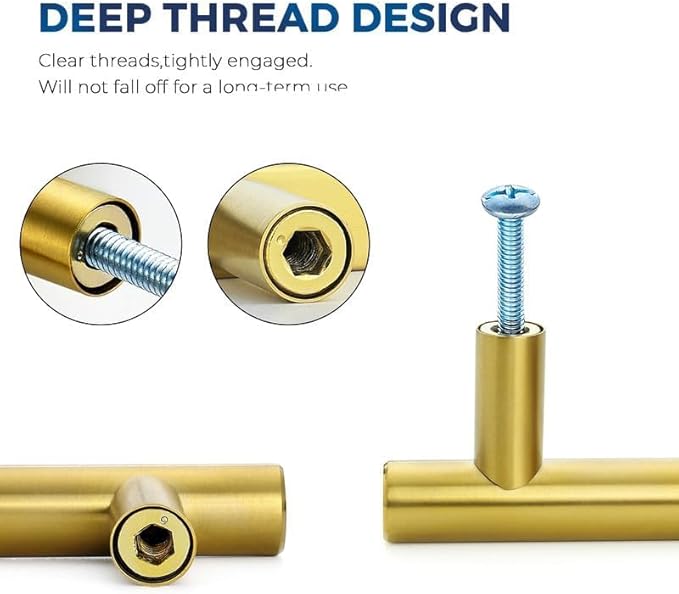 JOY DECOR 10 Pack Cabinet Handles, Gold Cabinet Pulls, 6-1/4 in Hole Center Kitchen Cabinet Handles, Stainless Steel T Bar Handles for Dresser Drawers