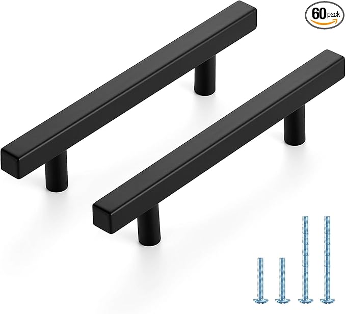 JOY DECOR 60 Pack 4 Inch Matte Black Square Cabinet Handles Stainless Steel Cabinet Hardware Pulls for Kitchen and Drawers with 6-2/5 Inch Overall Length