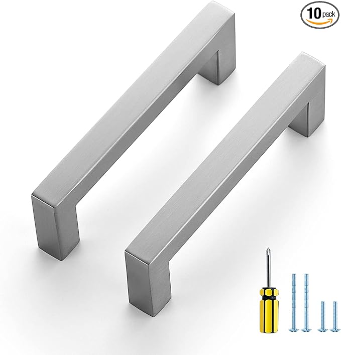 Ravinte 10 Pack Brushed Nickel Kitchen Cabinet Handles 4-1/2 Inch Cabinet Pulls Square Kitchen Hardware for Cabinet Drawer Pulls Drawer Handles Come with Screwdriver