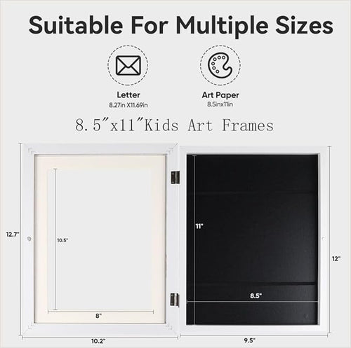 2-Pack Kids Art Frames - Changeable, 8.5x11 White Rows Picture Frame for Kids Artwork That Open,Display Children Art Projects,With Storage (White)