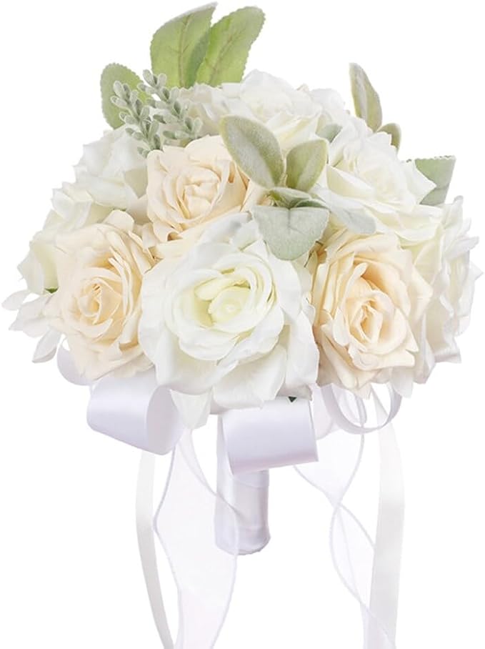 Artificial Rose Wedding Bouquet - Ribbon Decor for Bride & Bridesmaid