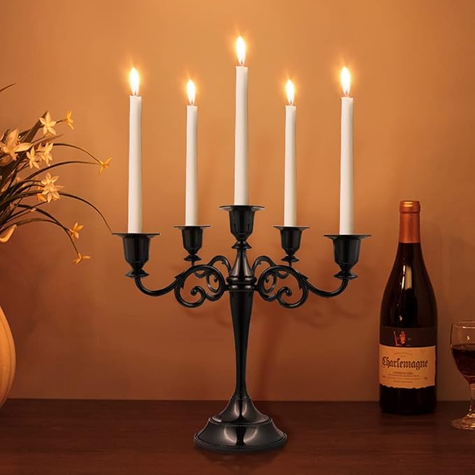 5-Candle Metal Candelabra 10.2 Inch Tall Candlestick Candle Holders for Home Decor Wedding Christmas Church Halloween Party, Black