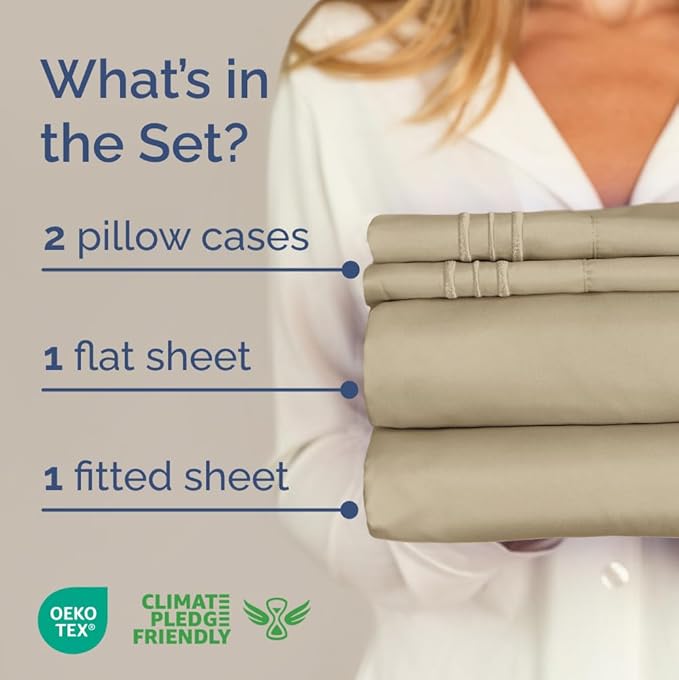 Cal King Size 4 Piece Sheet Set - Comfy Breathable & Cooling Bed Sheets Set - Hotel Luxury Bedding for Women, Men, Kids, Teens, Boys & Girls - Deep Pockets, Ultra-Soft, Wrinkle Free - Oeko-Tex - Beige