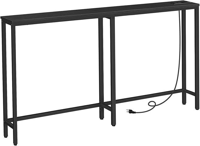 HOOBRO 63" Narrow Console Table with Charging Station, 5.9" Sofa Table with 2 Power Outlets and USB Ports, Long Entryway Tables Behind Couch Table, for Hallway, Livingroom, Black BB165UXG01