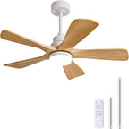 BOJUE 42 Inch Outdoor Ceiling Fans with Lights and Remote Control, Dimmable 5 Blade Wood Outdoor Ceiling Fans for Patios, White Natural Wood Bedroom Ceiling Fan with Lights, Noiseless DC Motor