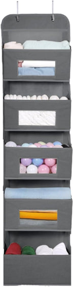 MAX Houser 5-Shelf Over The Door Hanging Organizer with 2 Metal Hooks, 5 Pocket Over The Door Wall Mount Storage with Clear Windows for Baby Nursery Bathroom Closet,Bedroom,Dorm,Diapers,Kids Toy(Gray)
