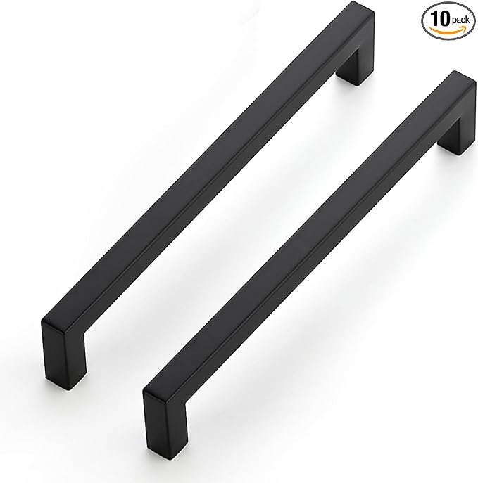 JOY DECOR 10 Pack Cabinet Handles, Black Cabinet Pulls, 7-1/2 Inch Kitchen Closet Handles Square Drawer Pulls Stainless Steel Drawer Hardware, 192mm Hole Centers