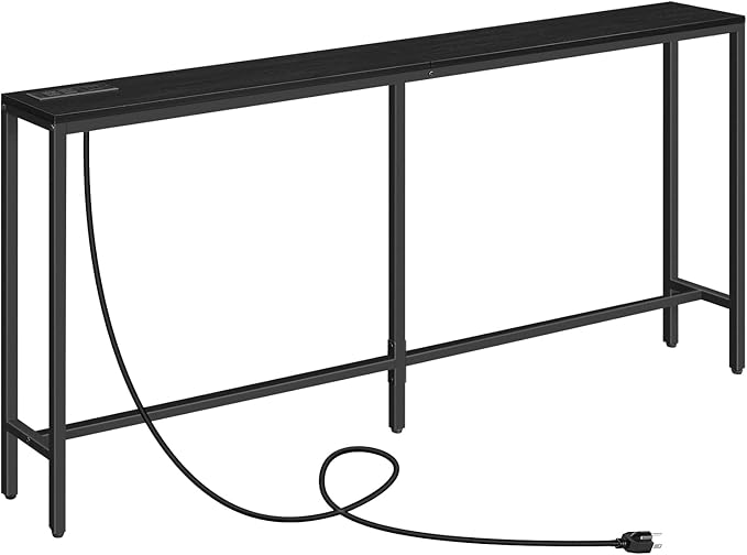 63" Console Table with Power Outlet, Narrow Sofa Industrial Entryway Behind Couch Table with USB Ports for Entryway, Hallway, Foyer, Living Room, Bedroom, Black CTHB16E01
