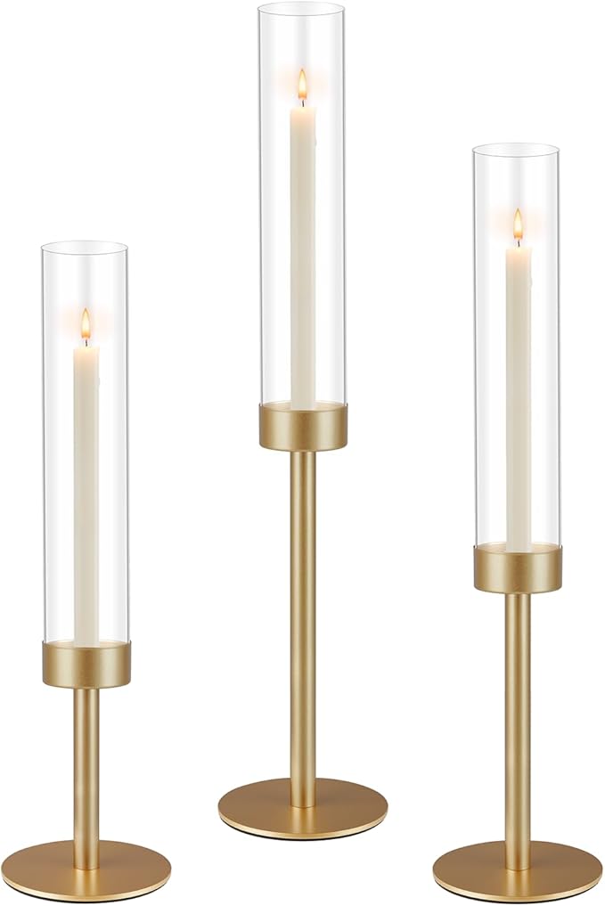 3Pcs Hurricane Glass Candle Holders Gold Candlestick Holders Taper Candle Holder with 9.8" Windproof Clear Cylinder Covers for Outdoor Indoor Tall Candle Stick Holder Decor for Wedding Party Fireplace