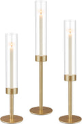 3Pcs Hurricane Glass Candle Holders Gold Candlestick Holders Taper Candle Holder with 9.8" Windproof Clear Cylinder Covers for Outdoor Indoor Tall Candle Stick Holder Decor for Wedding Party Fireplace