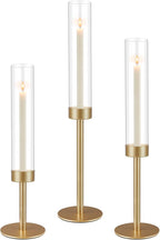 3Pcs Hurricane Glass Candle Holders Gold Candlestick Holders Taper Candle Holder with 9.8" Windproof Clear Cylinder Covers for Outdoor Indoor Tall Candle Stick Holder Decor for Wedding Party Fireplace