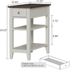 ChooChoo Side Table Living Room, Narrow End Table with Drawer and Shelf, 3-Tier Sofa End Table for Small Space, White and Brown