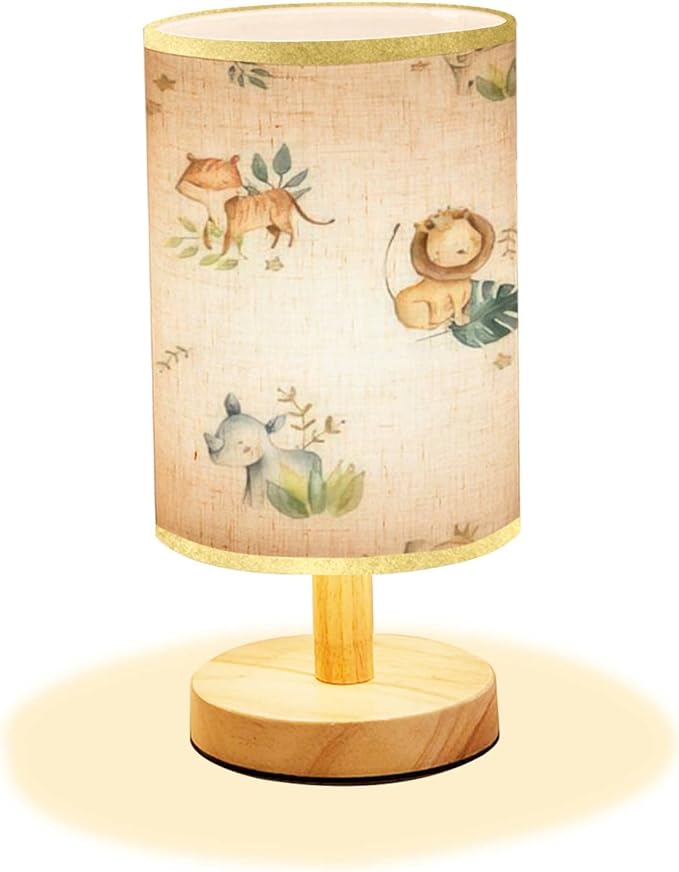 LOPYEIJFG Minimalist Bedside Table Lamp Safari Animals Watercolor Cute Baby Nursery Seamless Wood Nightstand Lamp Bedside Desk Lamp Wood Base Flaxen Fabric Shade for Bedroom Living Room, 5.5x11inch