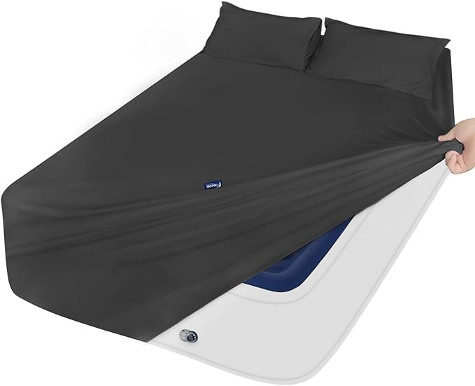 Deep Pocket Twin Sheets Set for Kids Air Mattress - Extra Deep Pocket Twin Sheet Sets - 3Pcs Side Storage Pocket Fitted Sheet & Pillowcases Easily Fits 16in to 24in Pillow Top Bed Mattress (Black)