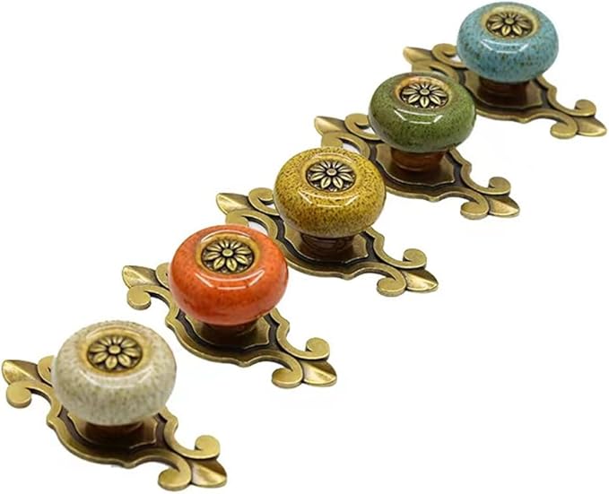 5 Pack Retro Ceramic Knobs,Vintage Dresser Kitchen Petal Cabinet Pulls Rustic Zinc Alloy Base Back Plate Kid Cupboard Wardrobe Drawer Door Handles (Leopard Print Green)