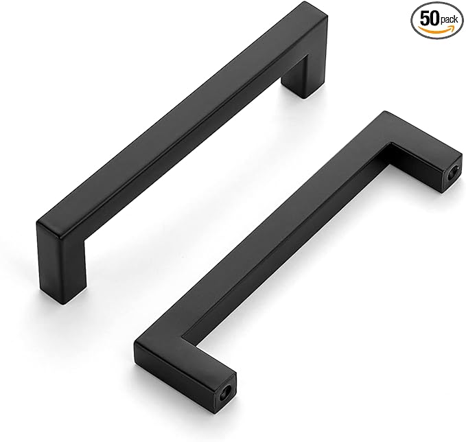 Ravinte 50 Pack Square Cabinets Cupboard Handles Matte Black Drawer Pulls Stainless Steel Kitchen Cabinet Hardware Drawer Handles 5 inch Hole Center