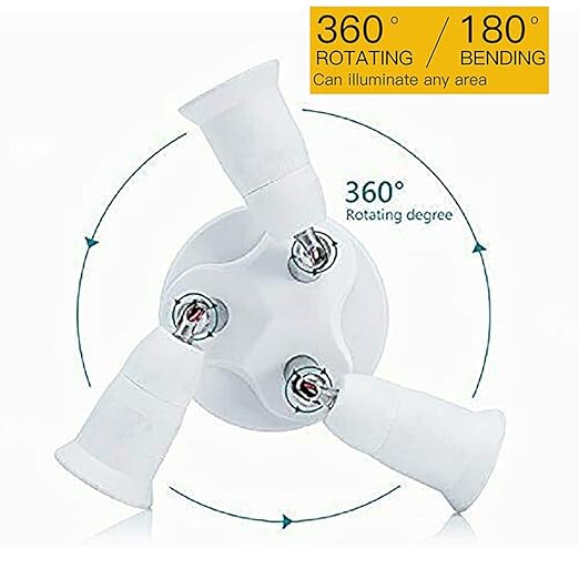 3-in-1 Light Socket Extender, E26/E27 to 3 Bulb Adapter with Adjustable Arms, 360° Rotatable for Ceiling Fan/Lamp Holder, UL Listed, Extension Splitter Without Power Switch(White)