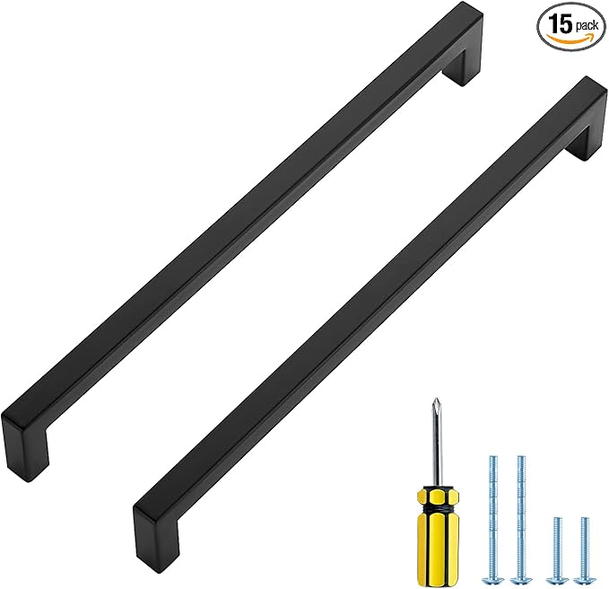 Ravinte 15 Pack Black Cabinet Pulls 10 Inch Square Kitchen Cabinet Handles Matte Black Kitchen Hardware for Drawer Pulls Drawer Handles Come with Screwdriver