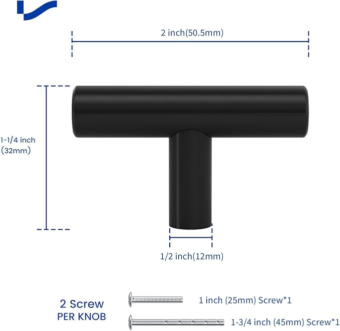LONTAN 6 Pack Black Knobs for Cabinets and Drawers Kitchen Cabinet Knobs for Dresser Bathroom Modern T Bar Furniture Black Hardware,Stainless Steel