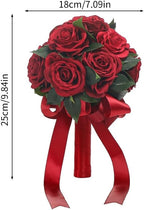 Wedding Bouquet Bride Flower Bridal Bouquets, Ribbon Artificial Rose Wedding Bouquets for Bride Bridesmaid Bouquet Dark Red Rose Bouquet Bride Bridesmaid Holding Flower for Wedding Decor