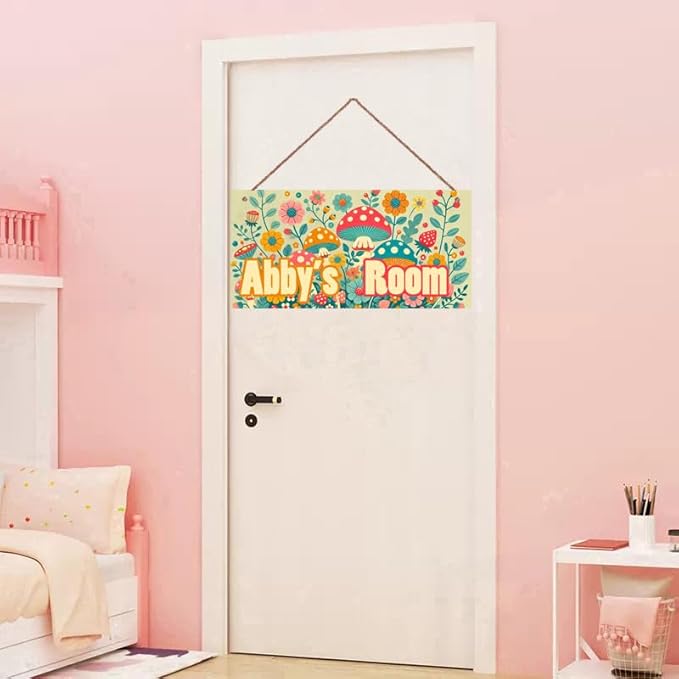Personalized Sign Mushroom and Flowers Decor For Girls Bedroom Custom Door Sign Wood Plaque Sign Wall Decor For Kids Room