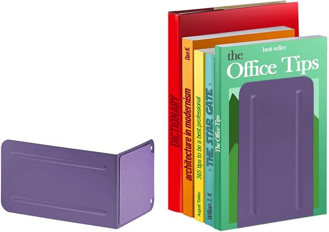 Acrimet Metal Bookends, Non-Skid Book Stand for Shelves, Heavy Duty Book Stopper, 6-7/8" H x 4" W x 4-1/2“ D, Purple, 1 Pair