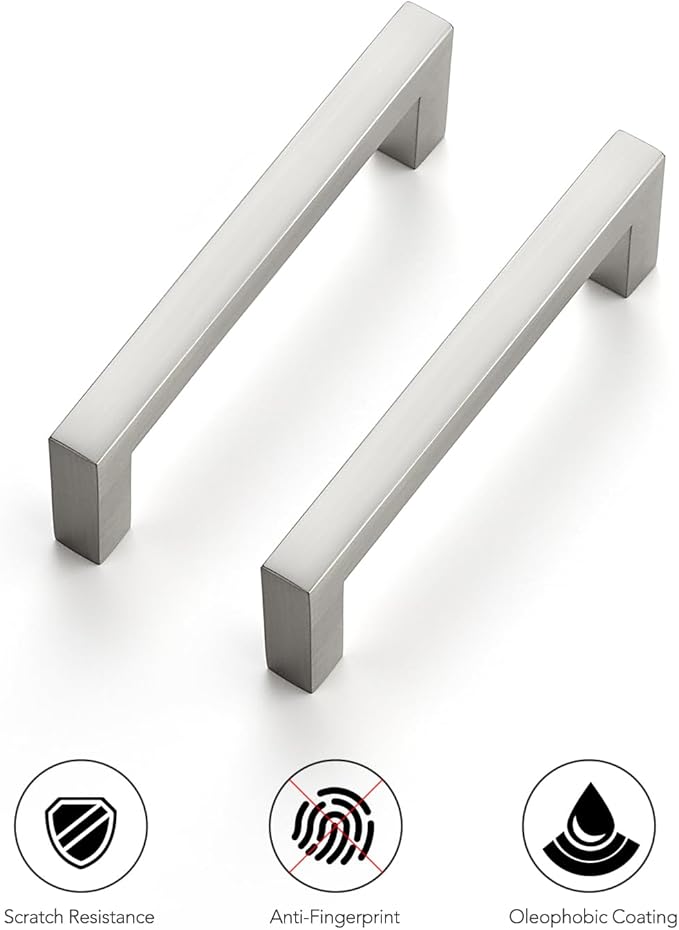 Ravinte 10 Pack Solid Brushed Nickel Kitchen Cabinet Handles Slim Drawer Pulls with 3-1/2 Inch Hole Center Square Bar Cupboard Hardware