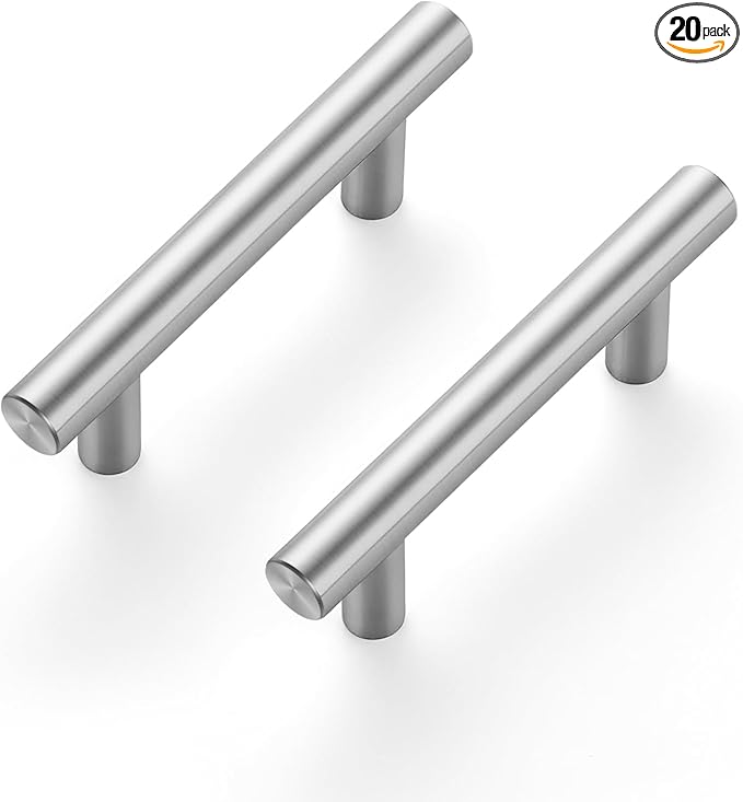 JOY DECOR 20 Pack 2-1/2 Inch Hole Centers Brushed Nickel Kitchen Cabinet Handles, 4 Inch Overall Length Stainless Steel Drawer Pulls for Cupboard, 64mm Hole Centers