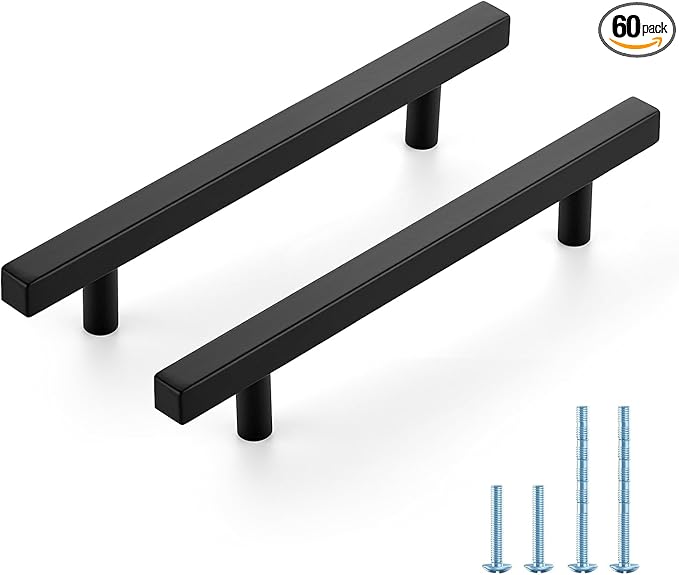 JOY DECOR 60 Pack 5 Inch Matte Black Square Cabinet Handles Stainless Steel Cabinet Hardware Pulls for Kitchen and Drawers with 7-3/8 Inch Overall Length