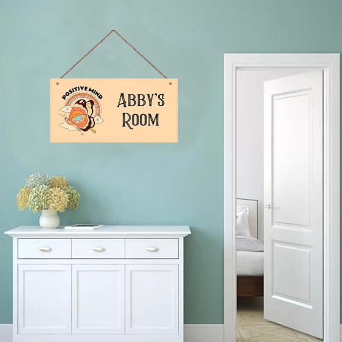 Personalized Sign Cute Butterfly Sign Rainbow Art Décor For Kids Room,Positive Mind,Custom Name Door Wall Art Decor, Floral Nursery Art Plate For Girls Boys Bedroom Room