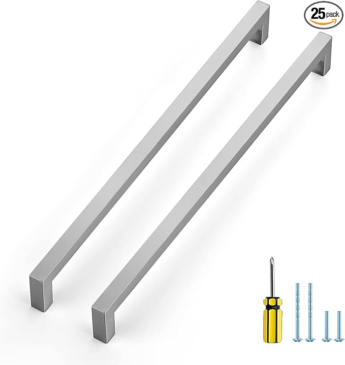 Ravinte 25 Pack Brushed Nickel Kitchen Cabinet Handles 12-3/5 Inch Cabinet Pulls Square Kitchen Hardware for Cabinet Drawer Pulls Drawer Handles Come with Screwdriver